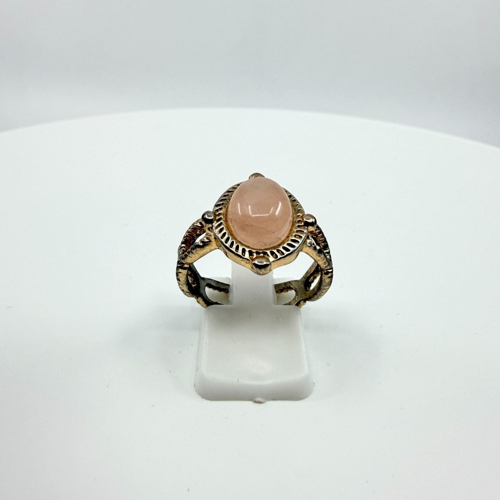 Vintage Y2K Pink Rose Quartz Cabochon Statement Ring Gold Tone Size 8